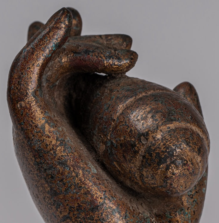 Mounted Antique Khmer Style Southeast Asia Bronze Hand & Conch Shell or Om - 15cm/6"