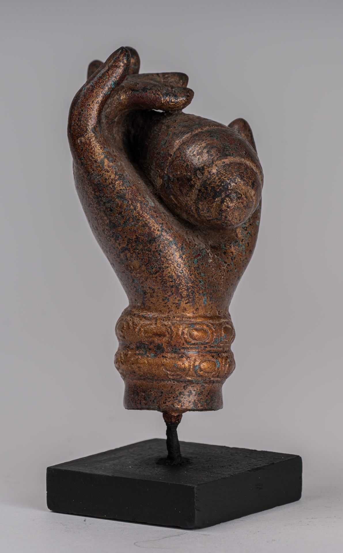 Mounted Antique Khmer Style Southeast Asia Bronze Hand & Conch Shell or Om - 15cm/6"