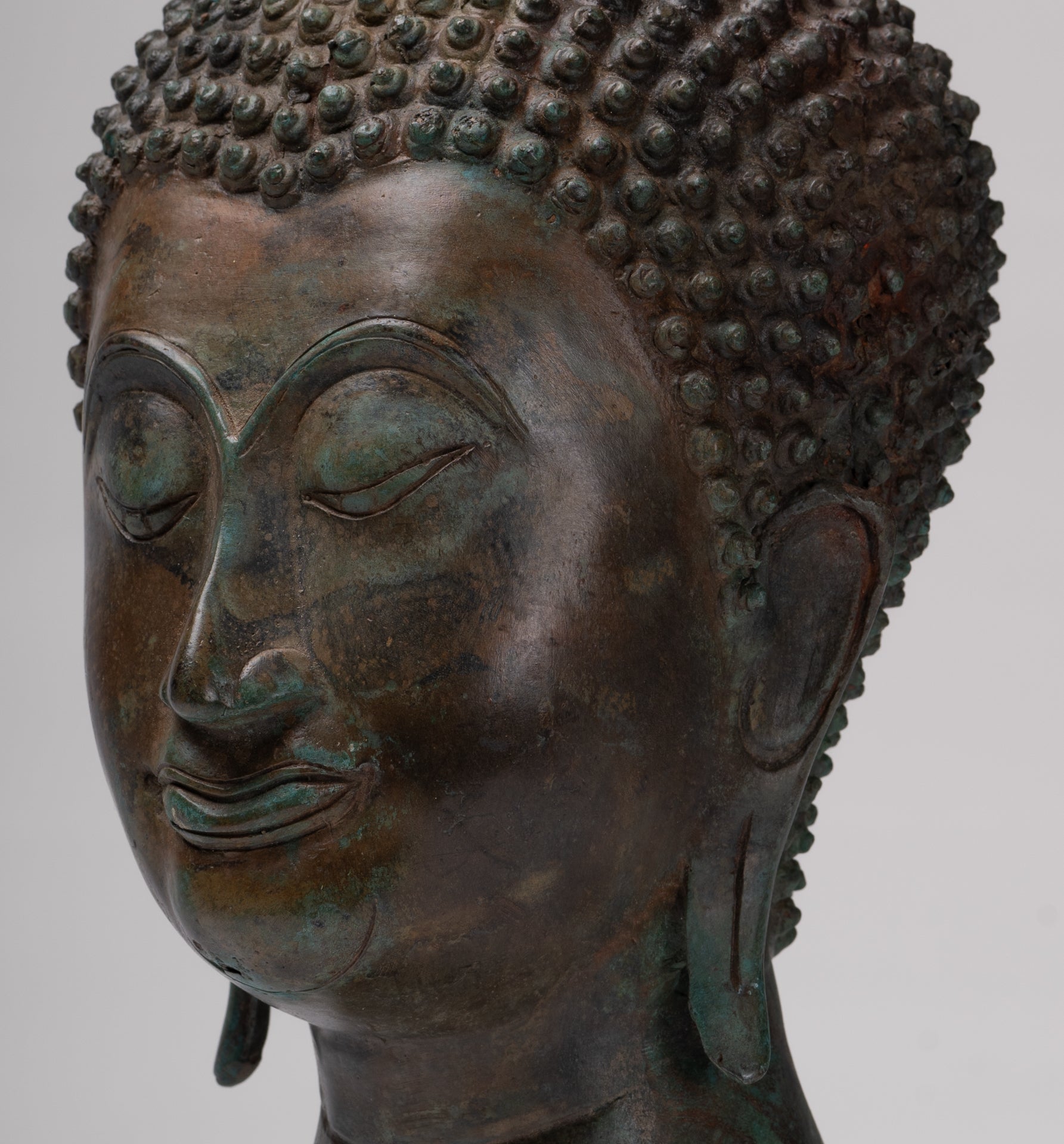 Buddha Head - Antique Thai Style Sukhothai Mounted Bronze Buddha Head - 38cm/15"