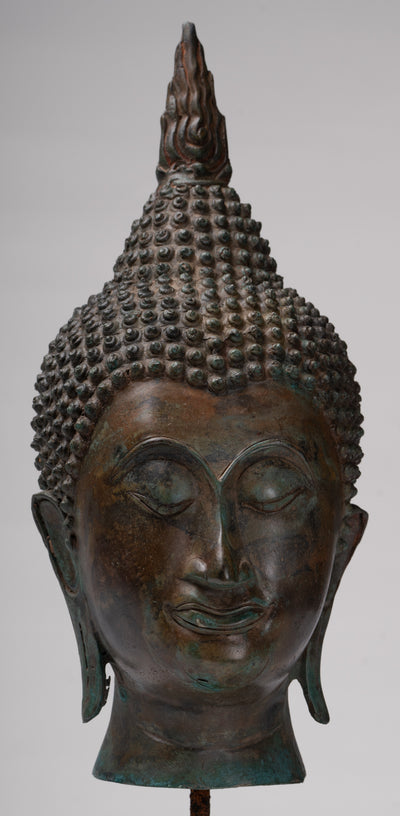 Buddha Head - Antique Thai Style Sukhothai Mounted Bronze Buddha Head - 38cm/15"