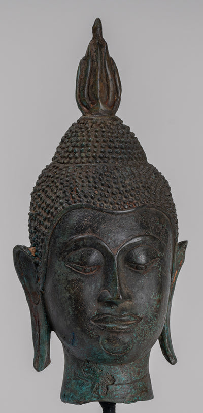 Buddha Head - Antique Thai Style Sukhothai Mounted Bronze Buddha Head - 30cm/12"