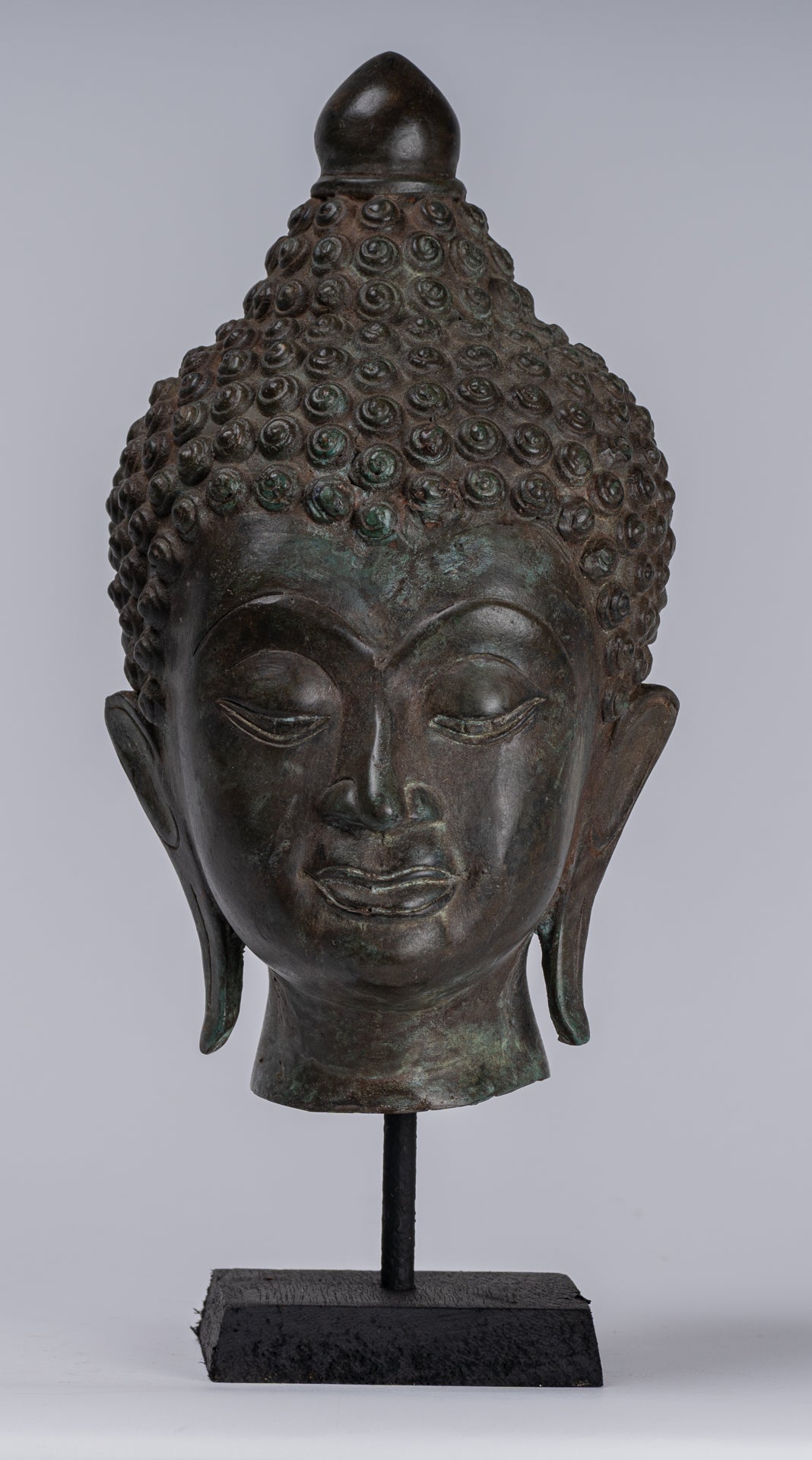 Buddha Head - Antique Thai Style Chiang Saen Mounted Bronze Buddha Head - 33cm/13"