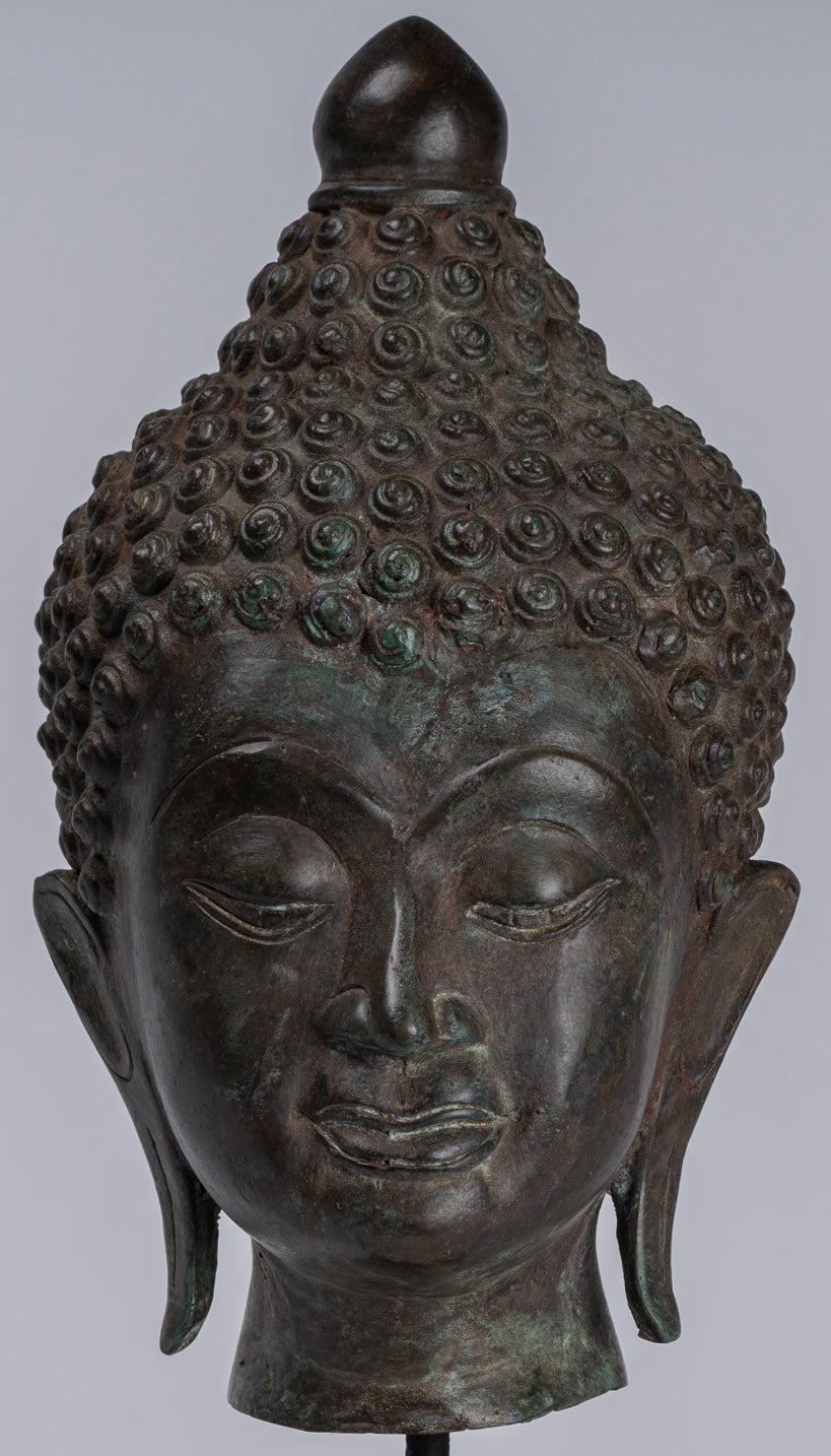 Buddha Head - Antique Thai Style Chiang Saen Mounted Bronze Buddha Head - 33cm/13"