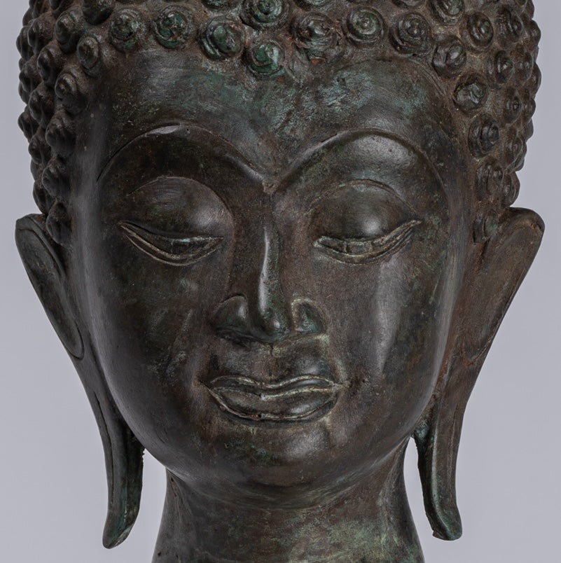 Buddha Head - Antique Thai Style Chiang Saen Mounted Bronze Buddha Head - 33cm/13"
