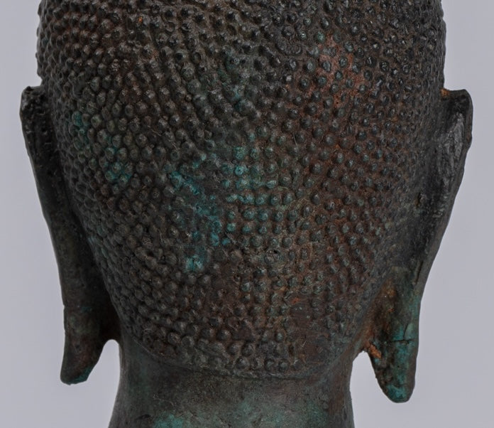Buddha Head - Antique Thai Style Sukhothai Mounted Bronze Buddha Head - 22cm/9"