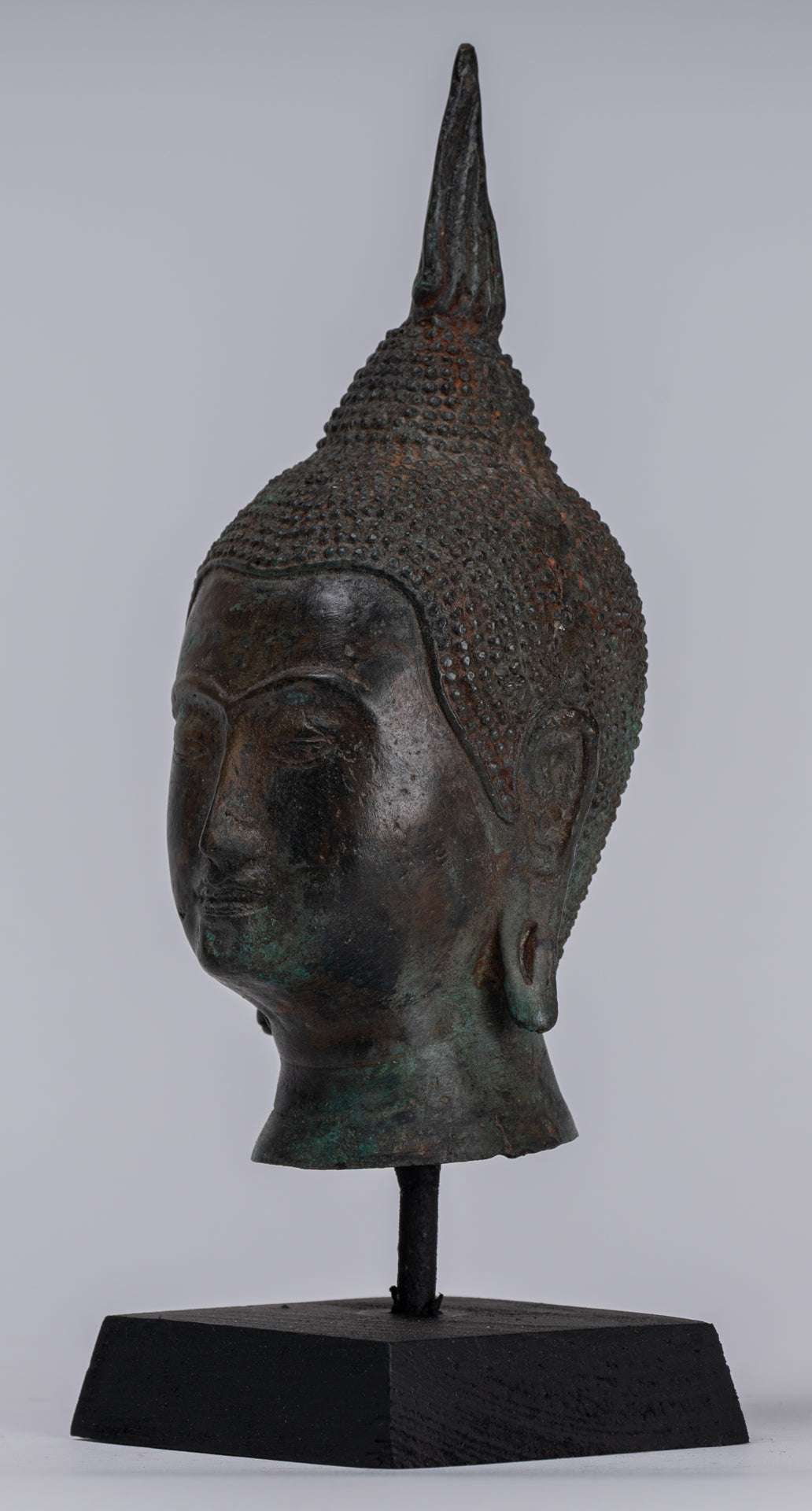 Buddha Head - Antique Thai Style Sukhothai Mounted Bronze Buddha Head - 22cm/9"