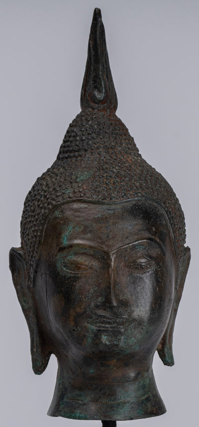 Buddha Head - Antique Thai Style Sukhothai Mounted Bronze Buddha Head - 22cm/9"