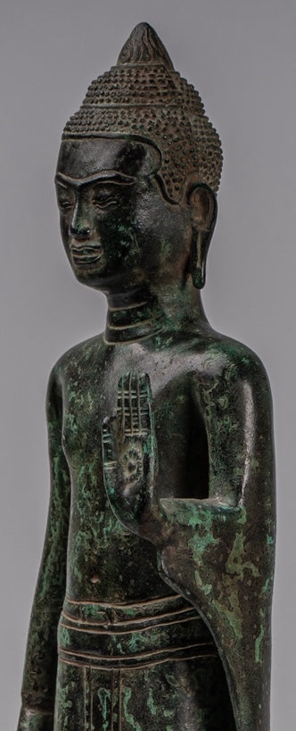 Buddha Statue - Antique Khmer Style Bronze Standing Abhaya Protection Buddha Statue - 52cm/21"