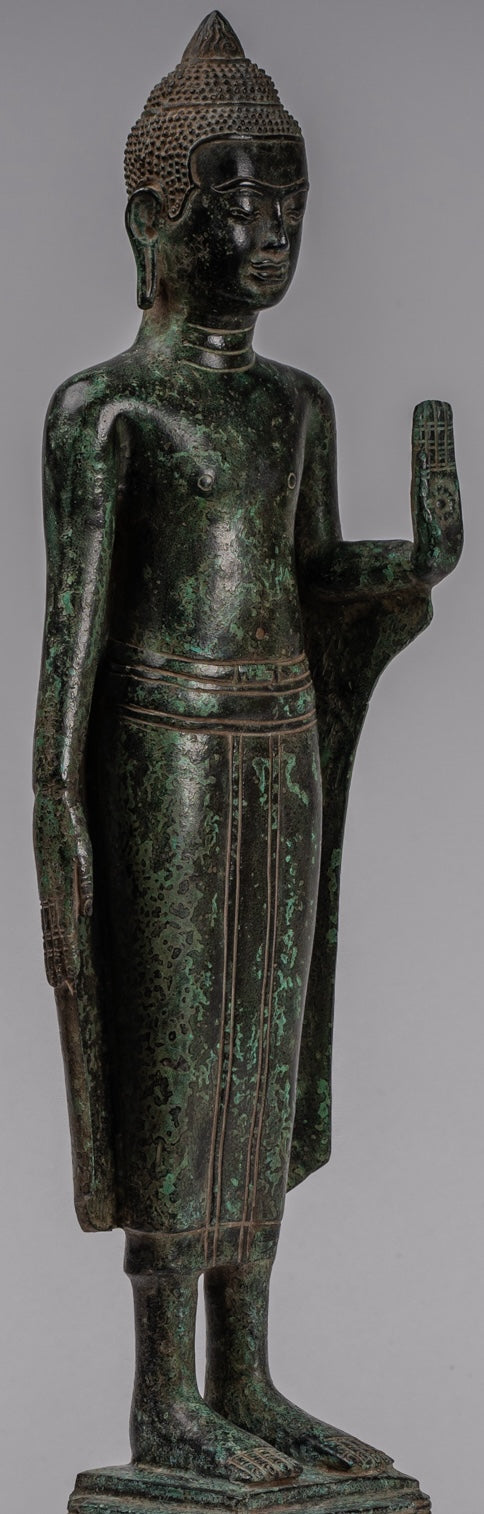 Buddha Statue - Antique Khmer Style Bronze Standing Abhaya Protection Buddha Statue - 52cm/21"