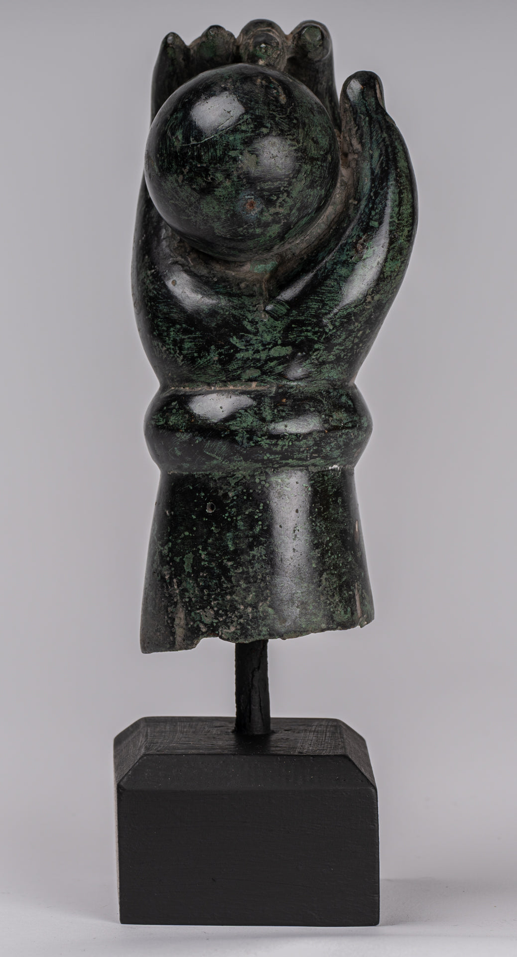 Mounted Antique Khmer Style Southeast Asia Bronze Vishnu Hand & Pinda or Ball - 22cm/9"