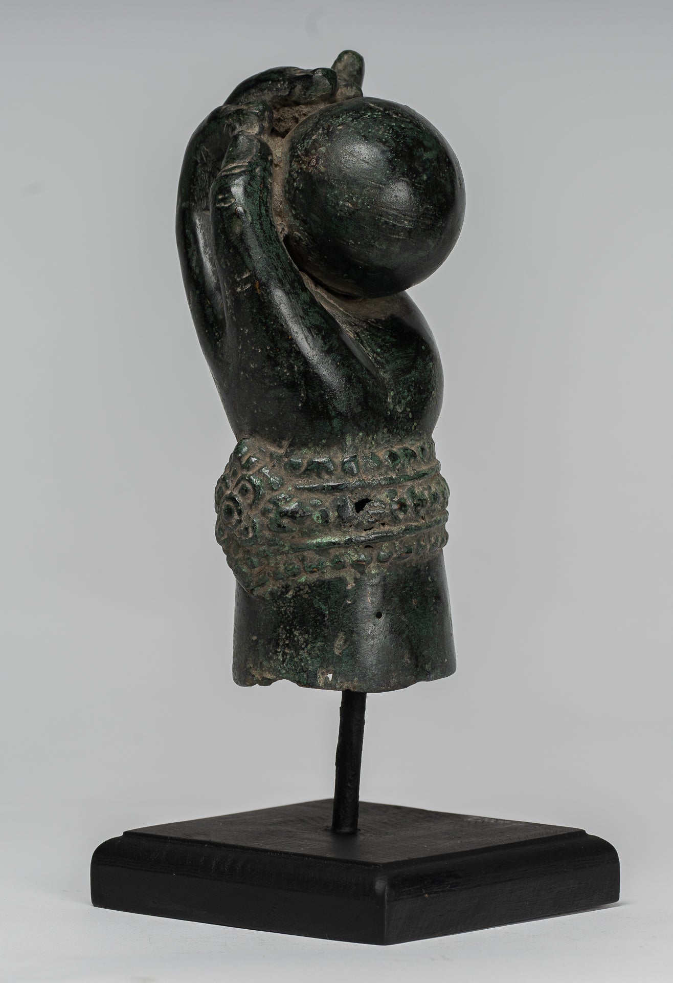 Mounted Antique Khmer Style Southeast Asia Bronze Vishnu Hand & Pinda or Ball - 22cm/9"