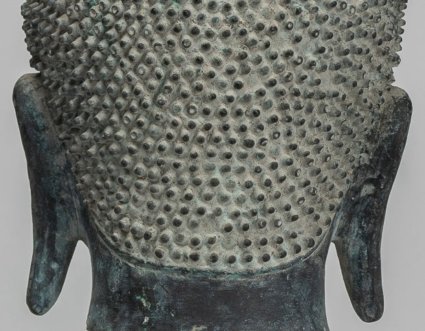 Buddha Statue - Antique Khmer Style Bronze Mounted Buddha Head - 29cm/12"