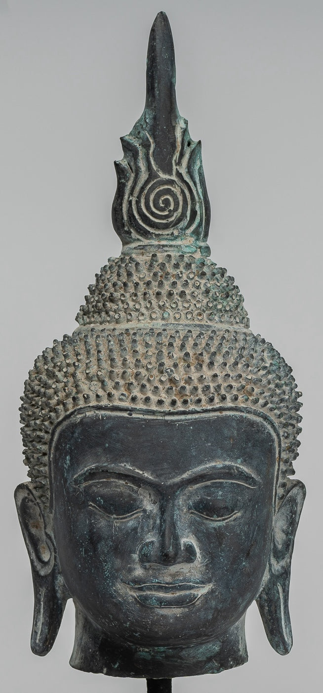 Buddha Statue - Antique Khmer Style Bronze Mounted Buddha Head - 29cm/12"