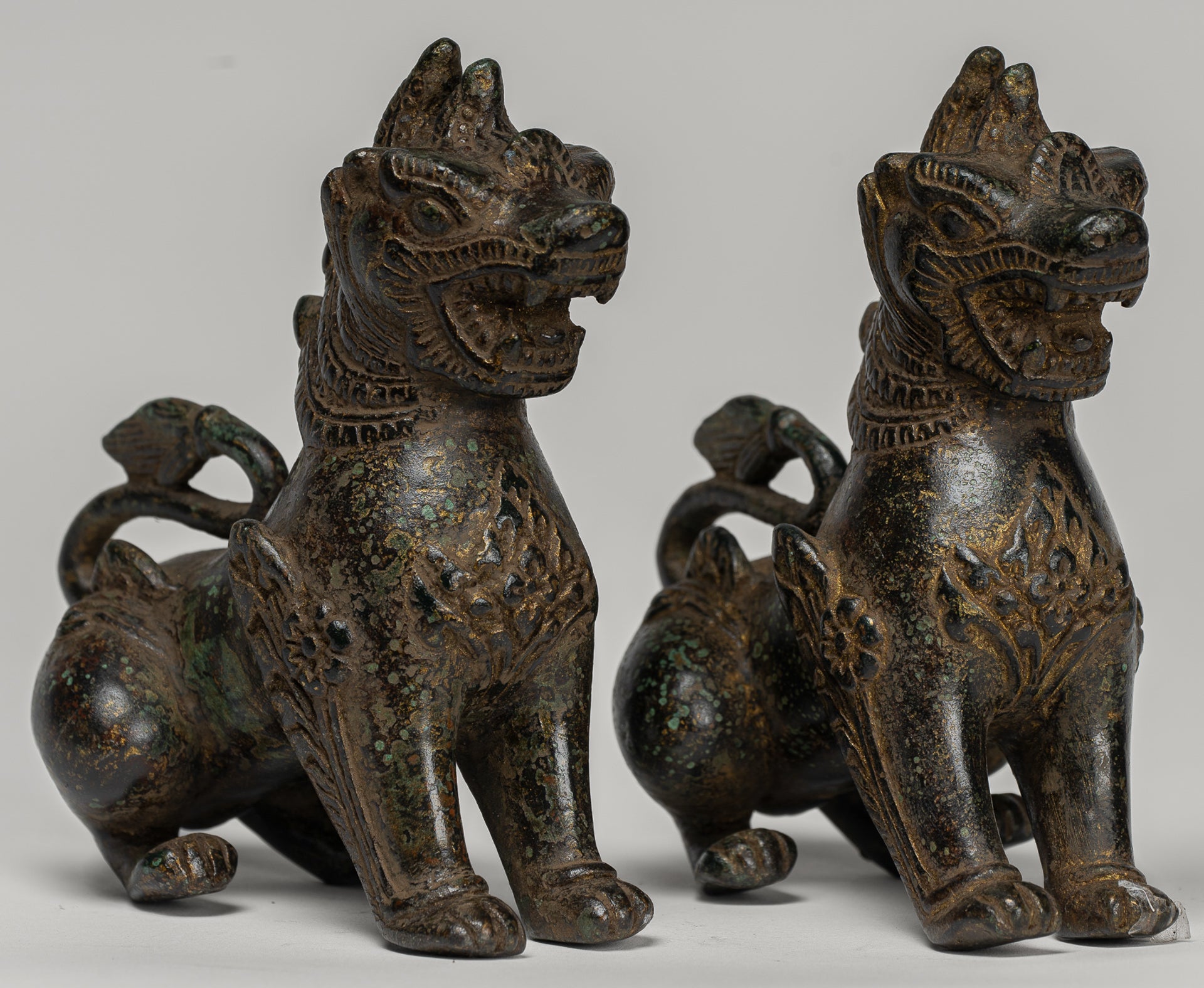 Antique Burmese Style Bronze Standing Chinthe Guardian Temple Lions - 12cm/5" (Pair)