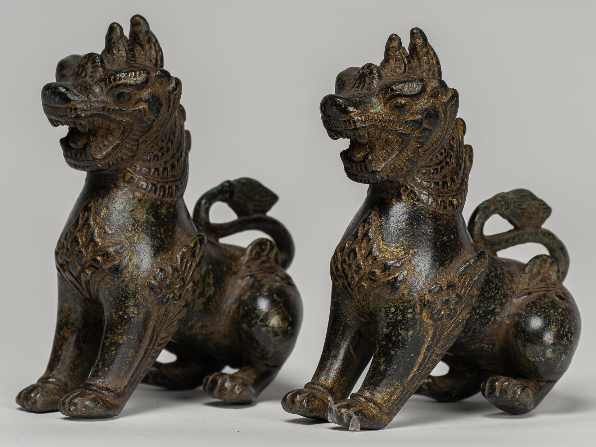 Antique Burmese Style Bronze Standing Chinthe Guardian Temple Lions - 12cm/5" (Pair)