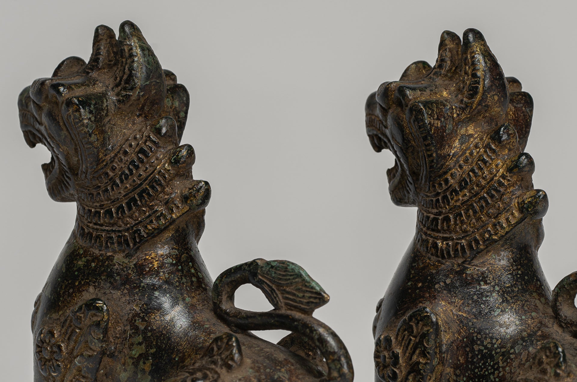 Antique Burmese Style Bronze Standing Chinthe Guardian Temple Lions - 12cm/5" (Pair)