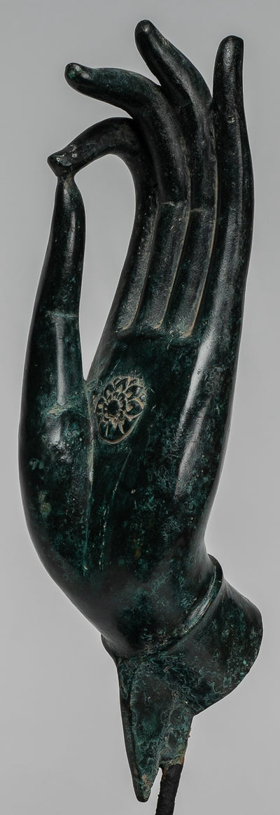 Mounted Antique Khmer Style Southeast Asia Bronze Teaching Hand - 40cm/16"