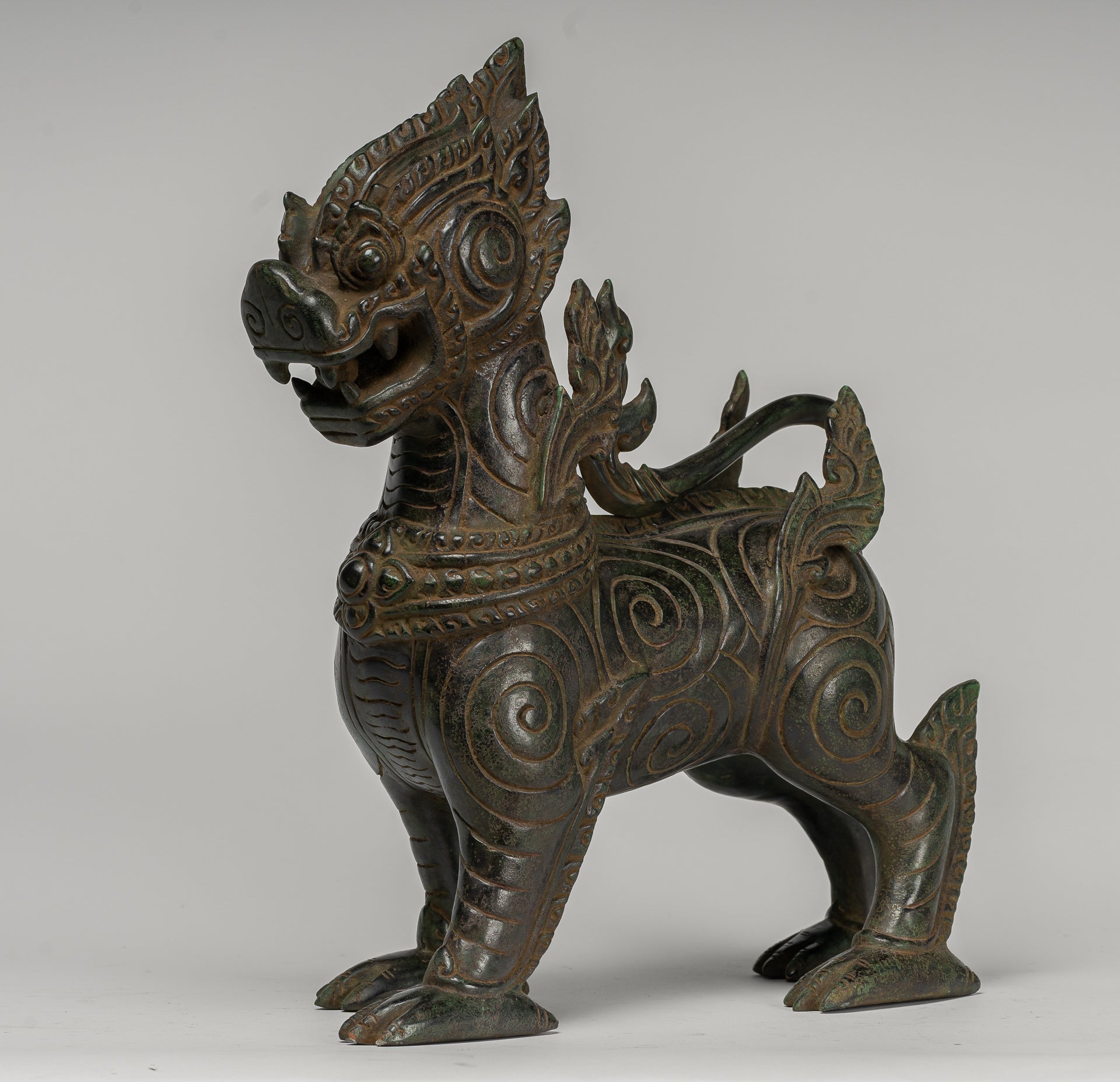 Antique Burmese Style Bronze Standing Chinthe Guardian Temple Lion - 34cm/14"