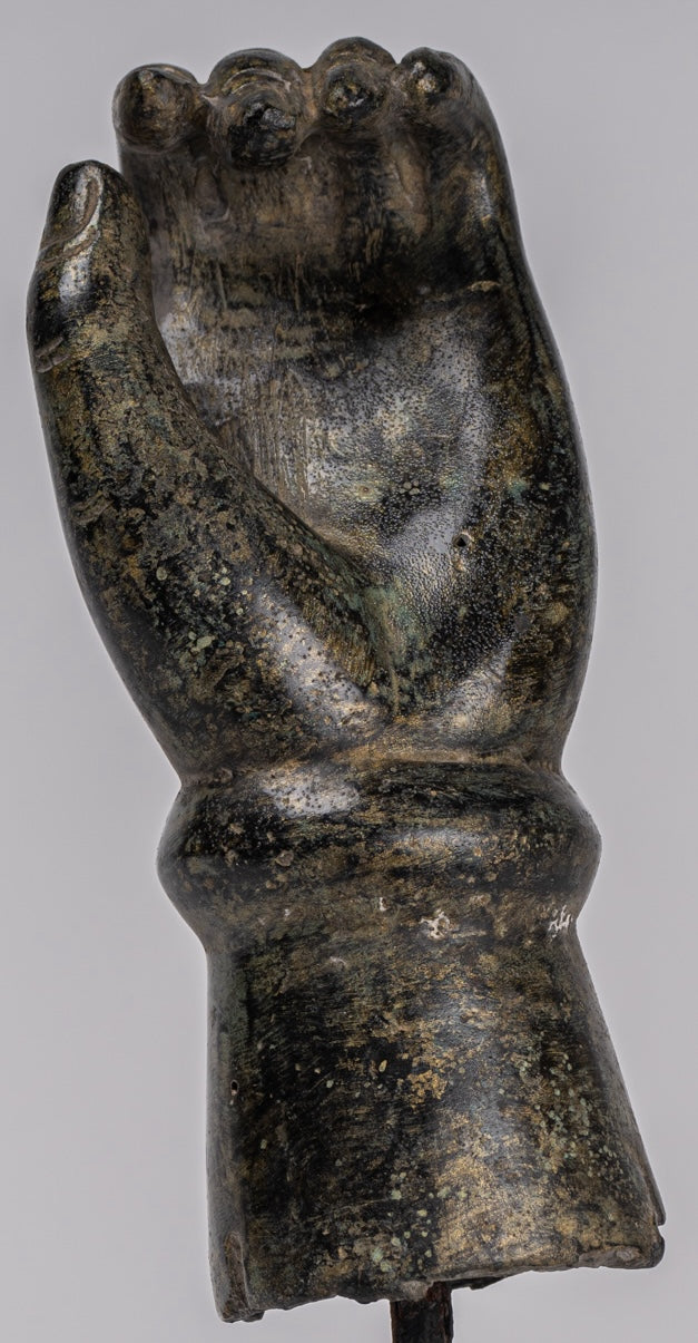 Mounted Antique Khmer Style Southeast Asia Bronze Hand - 24cm/10"
