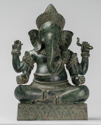 Statue Ganesha - Antique Khmer Style Angkor Wat Bronze ha seduto a quattro braccio Ganesh Statua - 40 cm/16 "