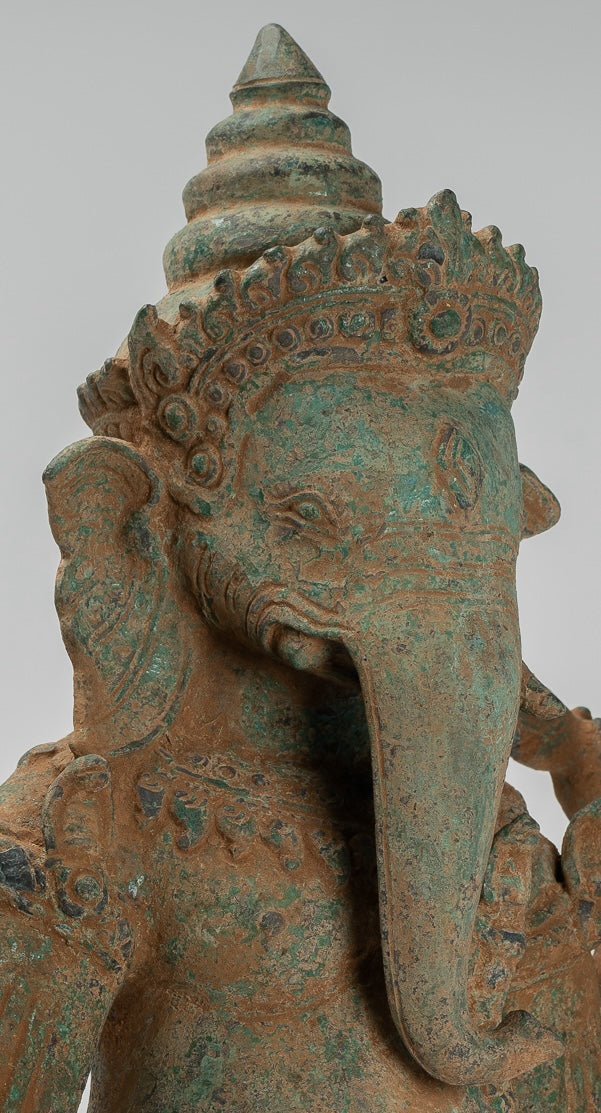 Ganesh Statue - Antique Khmer Style Bronze Mounted Verdigris Ganesha Statue - 39cm/16"