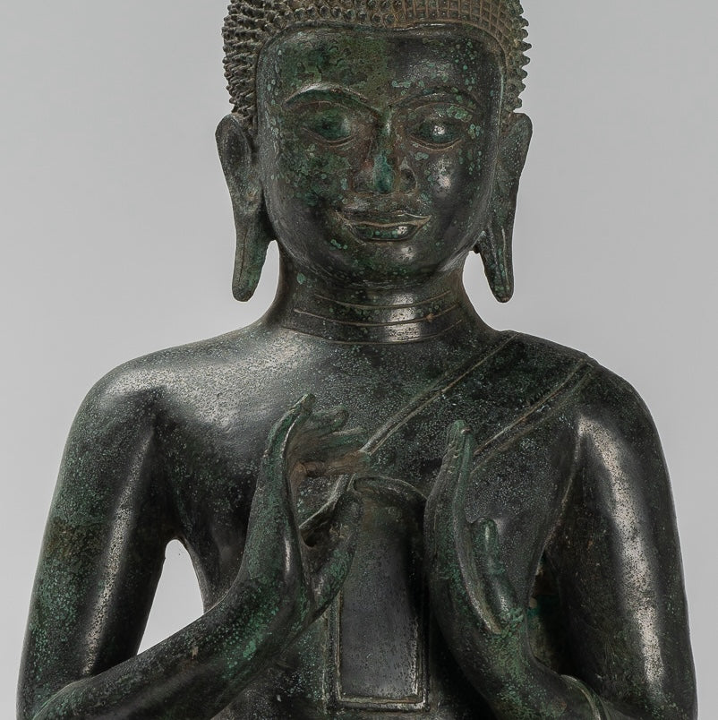 Buddha - Antique Khmer Style Bronze Seated Double Teaching Buddha Statue - 50cm/20"