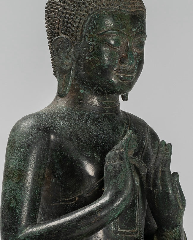 Buddha - Antique Khmer Style Bronze Seated Double Teaching Buddha Statue - 50cm/20"