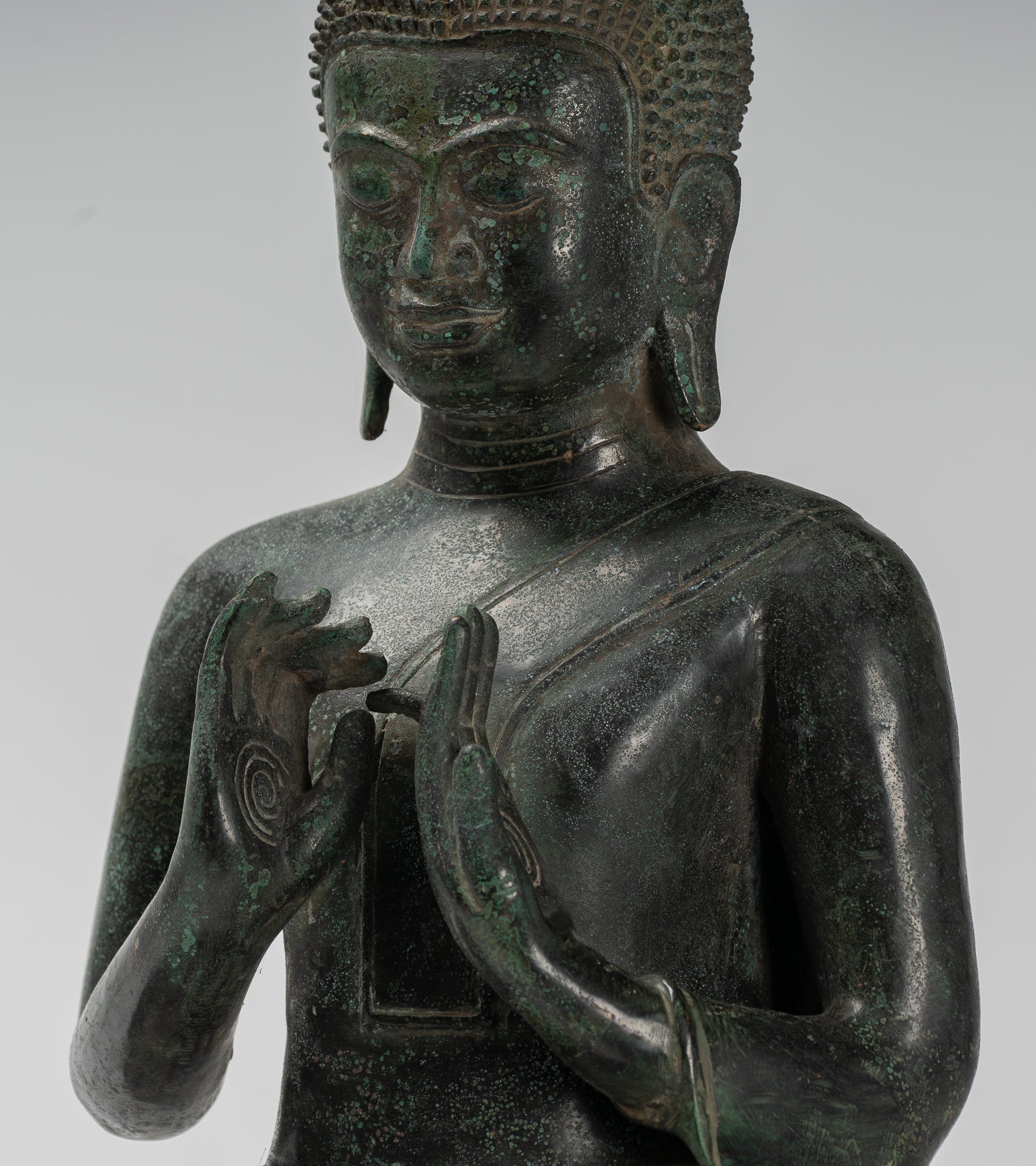 Buddha - Antique Khmer Style Bronze Seated Double Teaching Buddha Statue - 50cm/20"