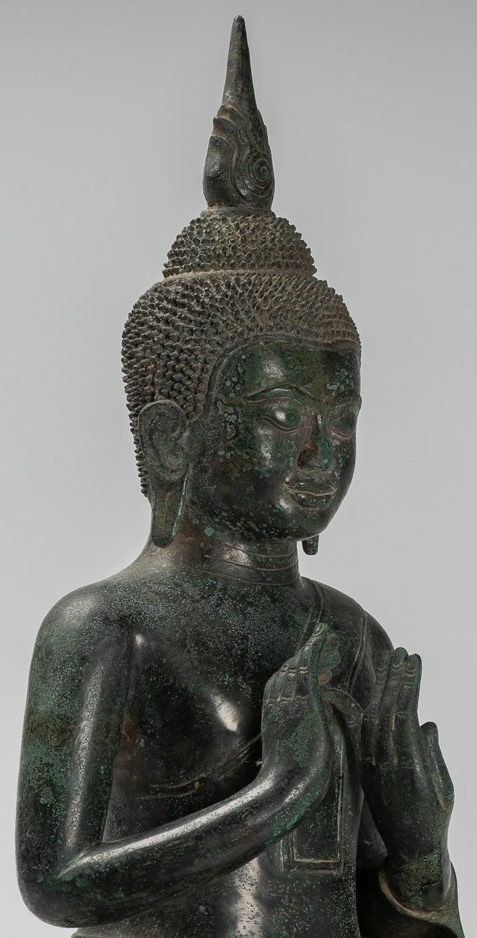 Buddha - Antique Khmer Style Bronze Seated Double Teaching Buddha Statue - 50cm/20"