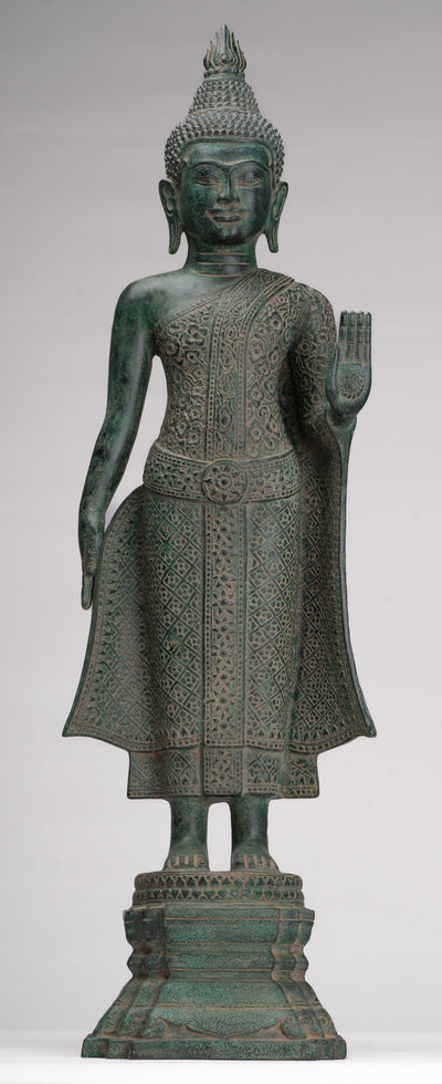 Buddha Statue - Antique Khmer Style Bronze Standing Abhaya Protection Buddha Statue - 64cm/26"