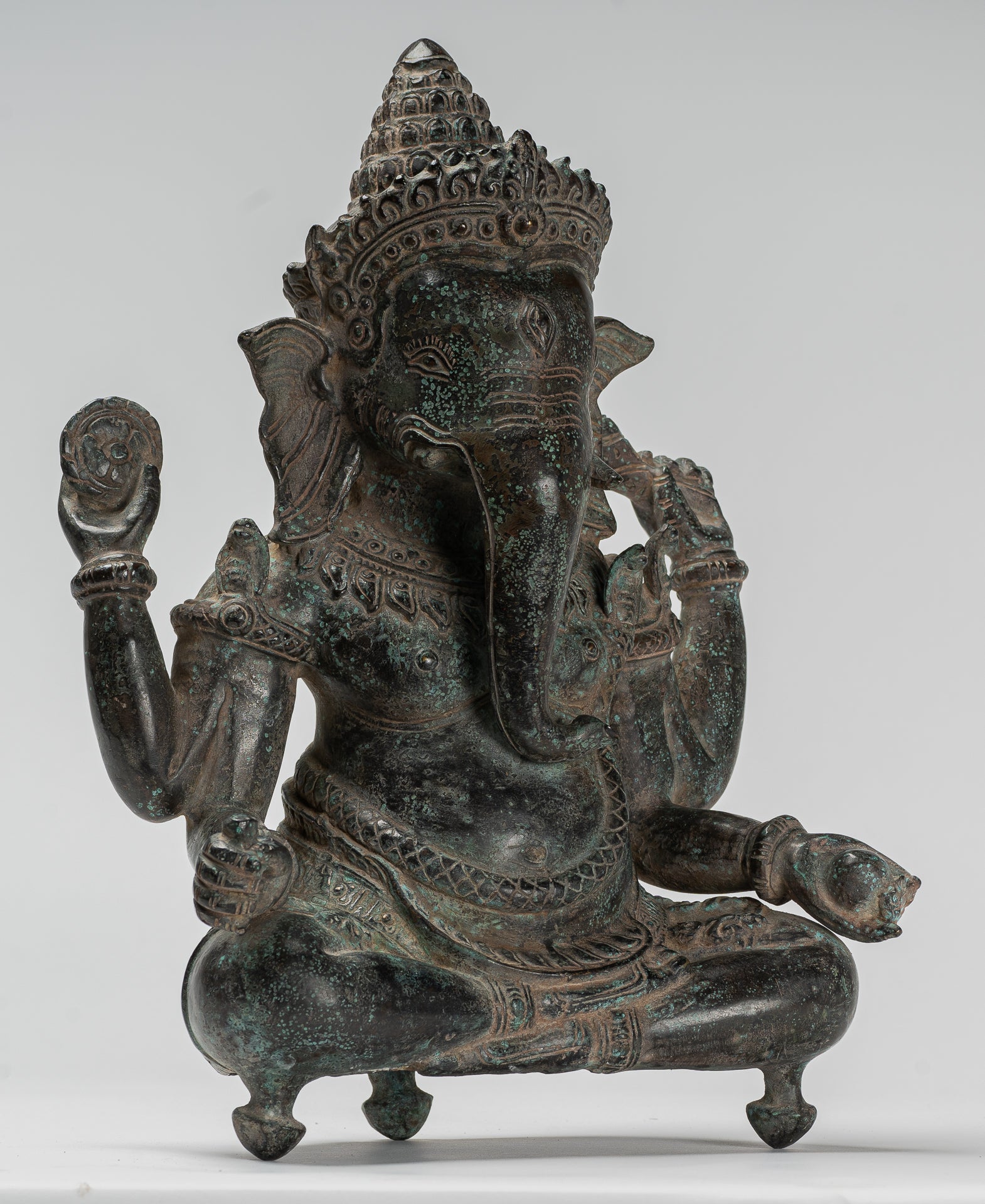 Ganesha Statue - Antique Khmer Style Baphuon Bronze Seated Four Arm Ganesh Statue - 33cm/13"