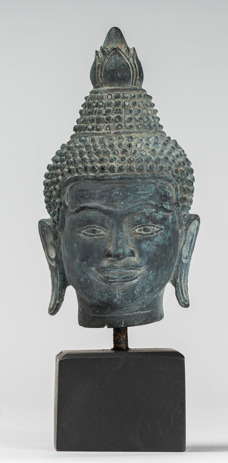 Buddha Statue - Antique Khmer Style Bronze Lotus Flower Buddha Head - 22cm/9"