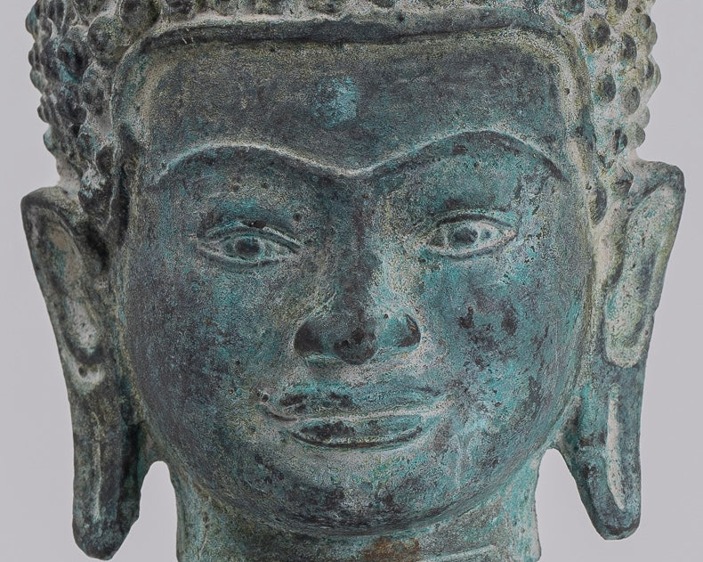 Buddha Statue - Antique Khmer Style Bronze Lotus Flower Buddha Head - 20cm/8"