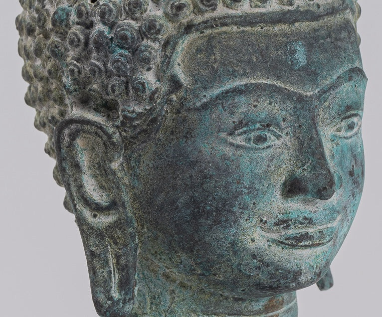 Buddha Statue - Antique Khmer Style Bronze Lotus Flower Buddha Head - 20cm/8"