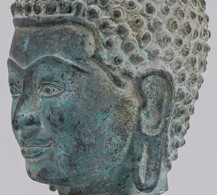 Buddha Statue - Antique Khmer Style Bronze Lotus Flower Buddha Head - 20cm/8"