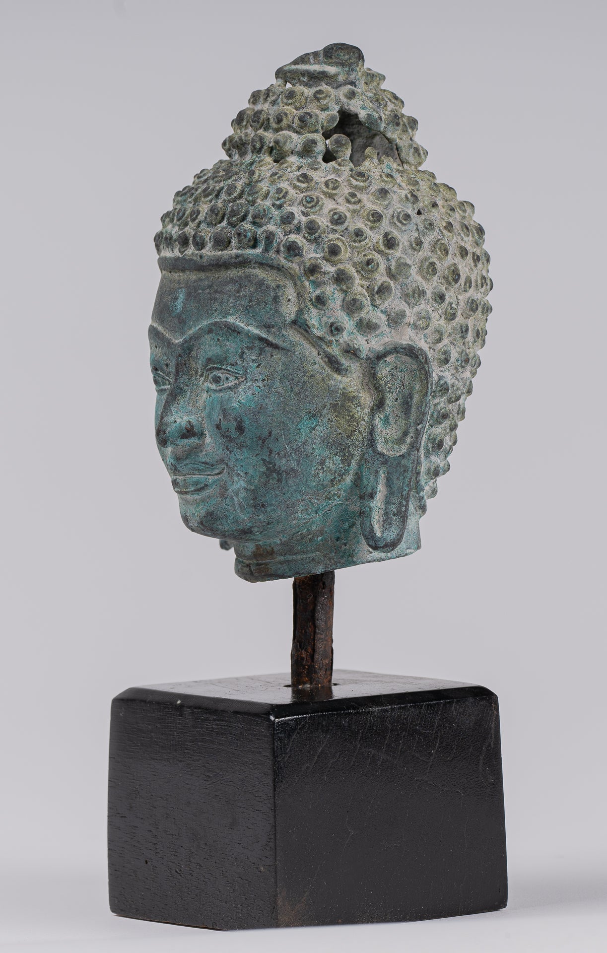 Buddha Statue - Antique Khmer Style Bronze Lotus Flower Buddha Head - 20cm/8"