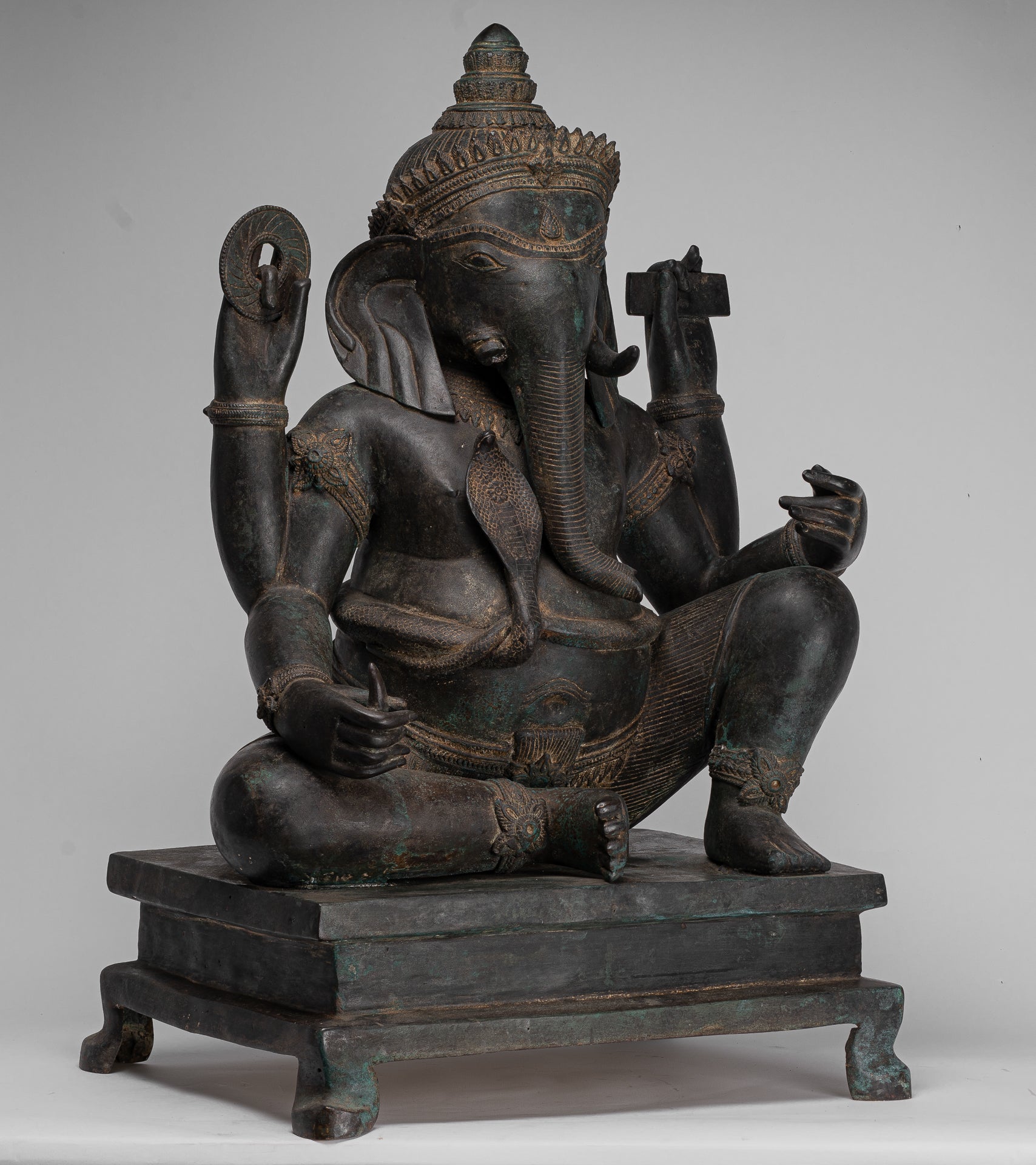 Ganesha Statue - Antique Thai Style Bronze Seated 4-Arm Ganesha Statue - 85cm/34"