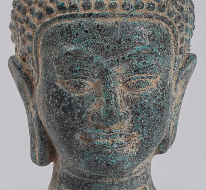 Buddha Statue - Antique Khmer Style Mounted Bronze Phnom Da Buddha Head Statue - 18cm/7"