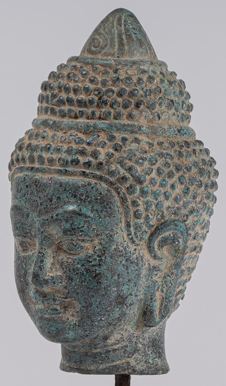 Buddha Statue - Antique Khmer Style Mounted Bronze Phnom Da Buddha Head Statue - 18cm/7"