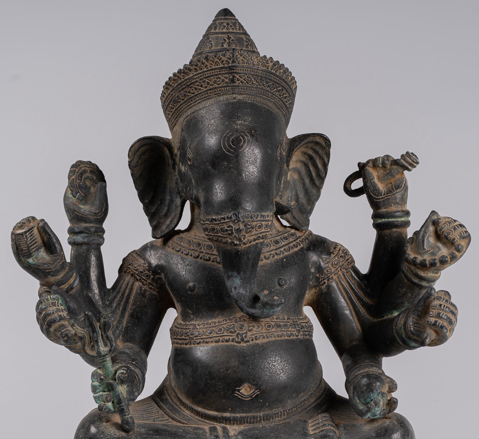 Ganesha Statue - Antique Khmer Style Angkor Wat Bronze Seated Eight Arm Ganesh Statue - 41cm/16"