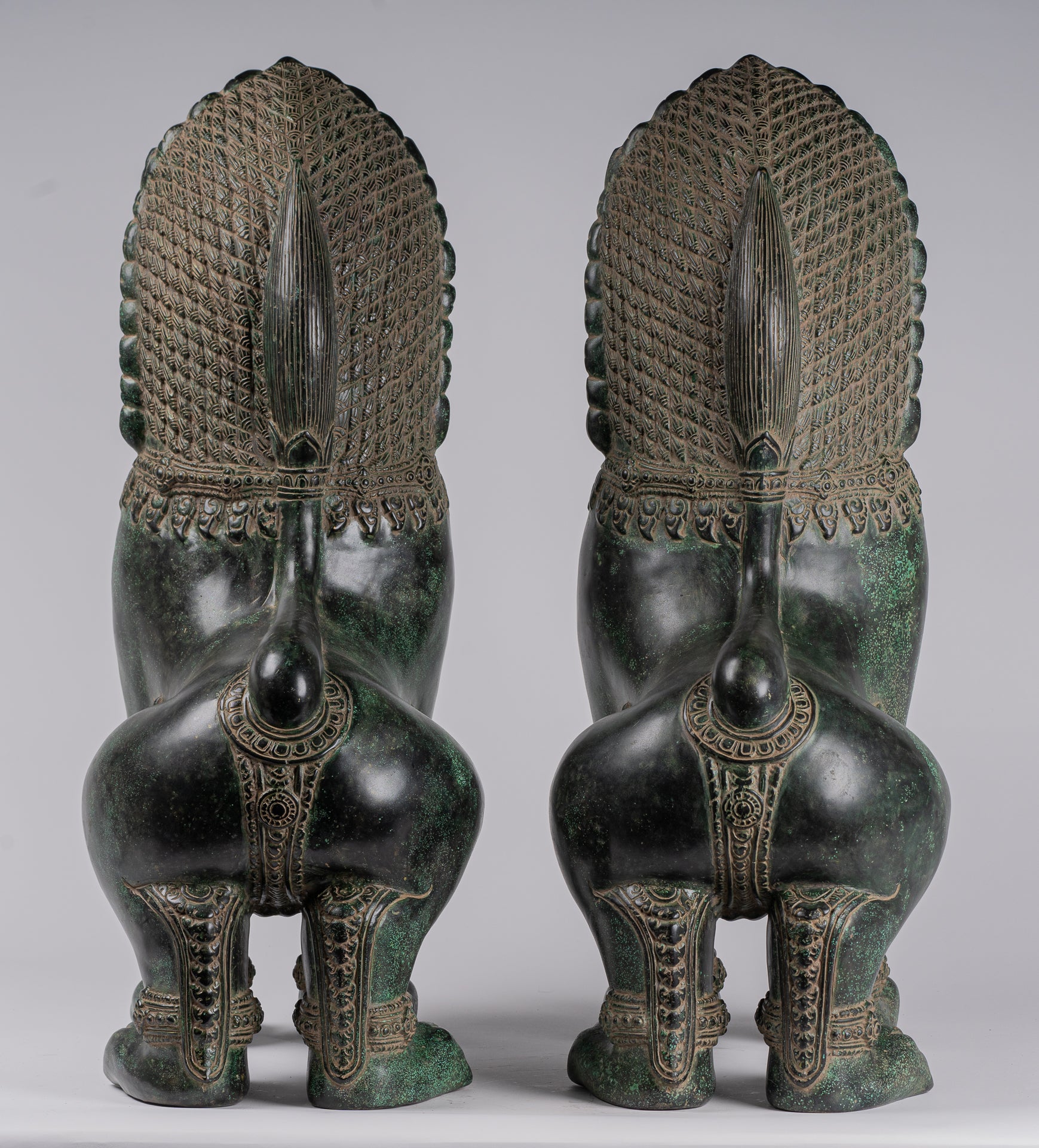 Temple Lions - Antique Khmer Style Bronze Temple Guardians or Lions (Pair) - 72cm/29"