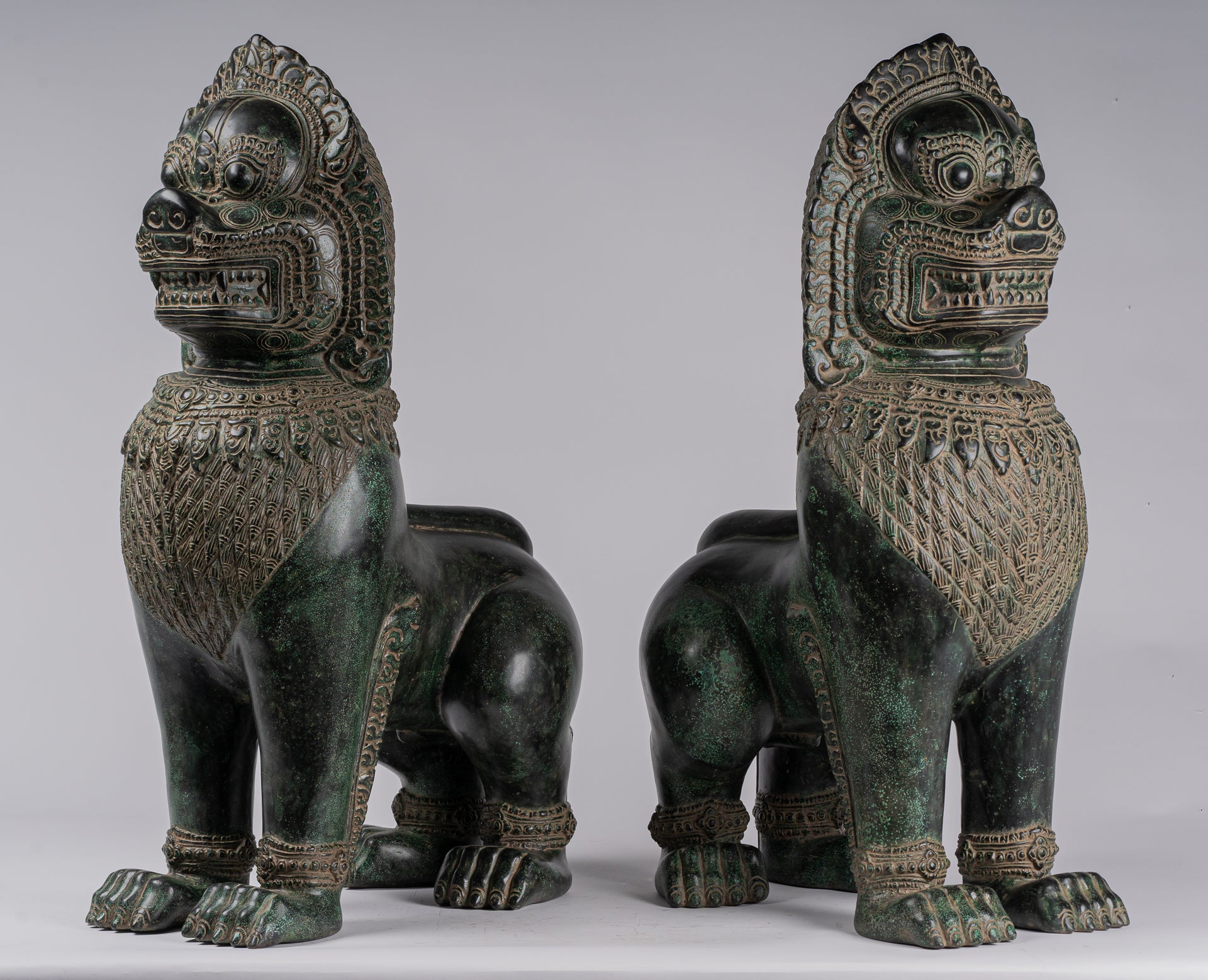 Temple Lions - Antique Khmer Style Bronze Temple Guardians or Lions (Pair) - 72cm/29"