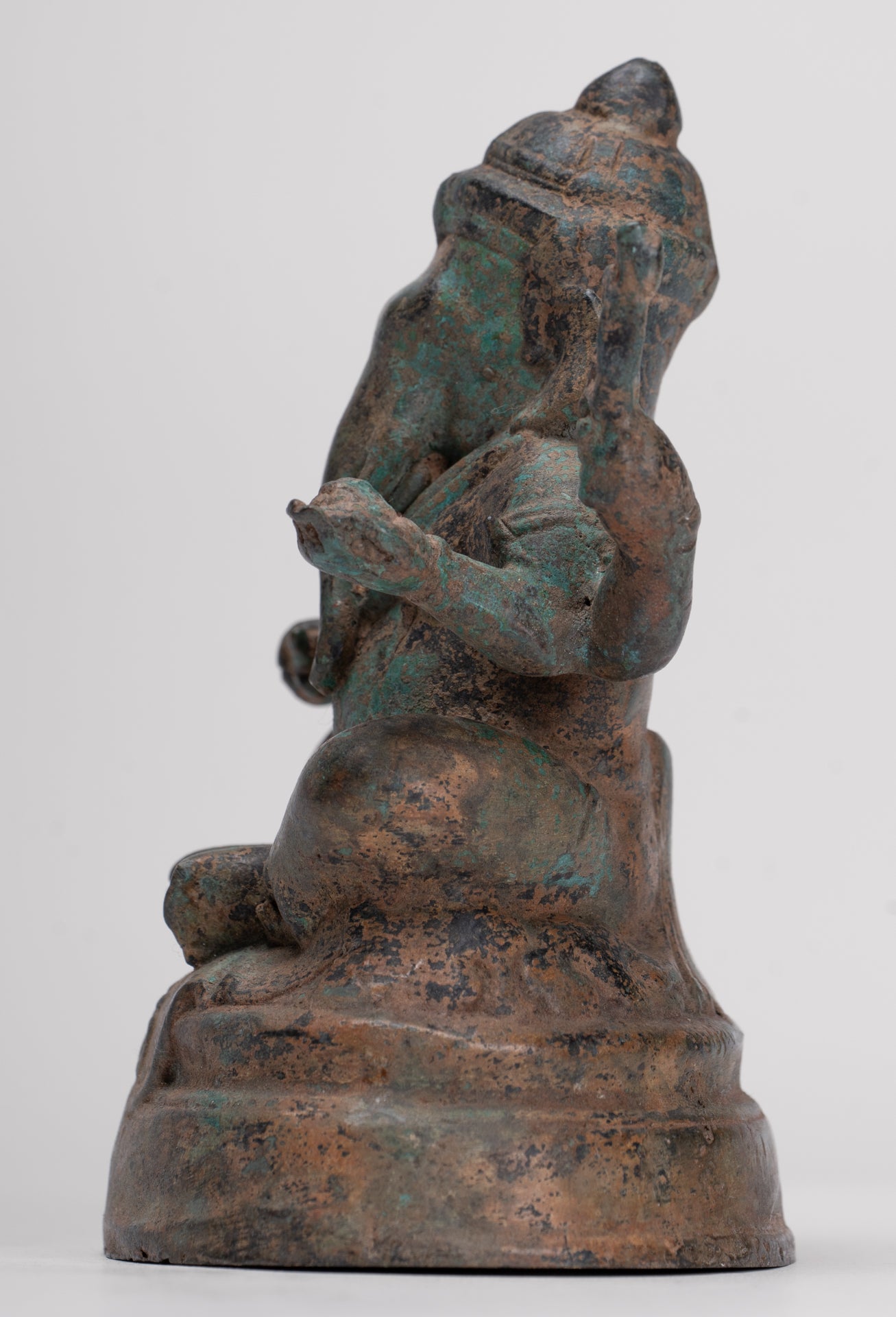 Ganesha Statue - Antique Thai Style Bronze Seated 4-Arm Ganesha Statue - 12cm/5"
