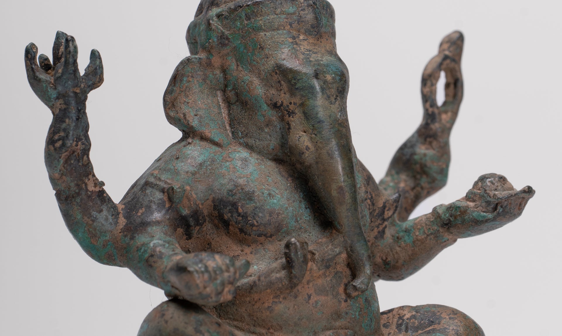 Ganesha Statue - Antique Thai Style Bronze Seated 4-Arm Ganesha Statue - 12cm/5"