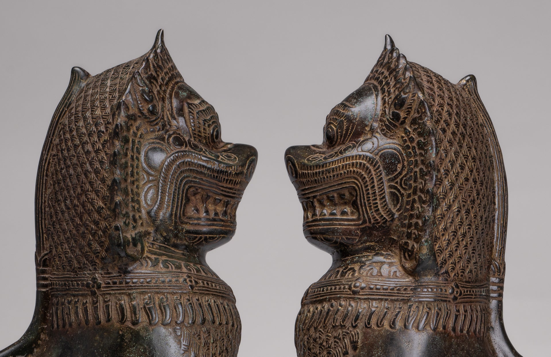 Temple Lions - Antique Khmer Style Bronze Standing Temple Guardians or Lions - 39cm/16"