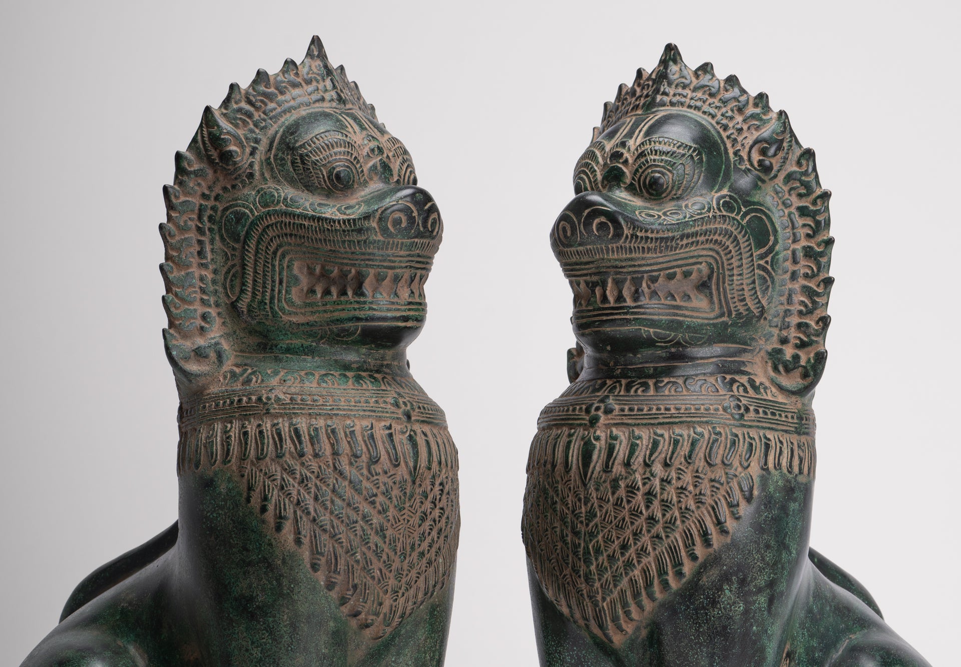 Temple Lions - Antique Khmer Style Bronze Standing Temple Guardians or Lions - 39cm/16"