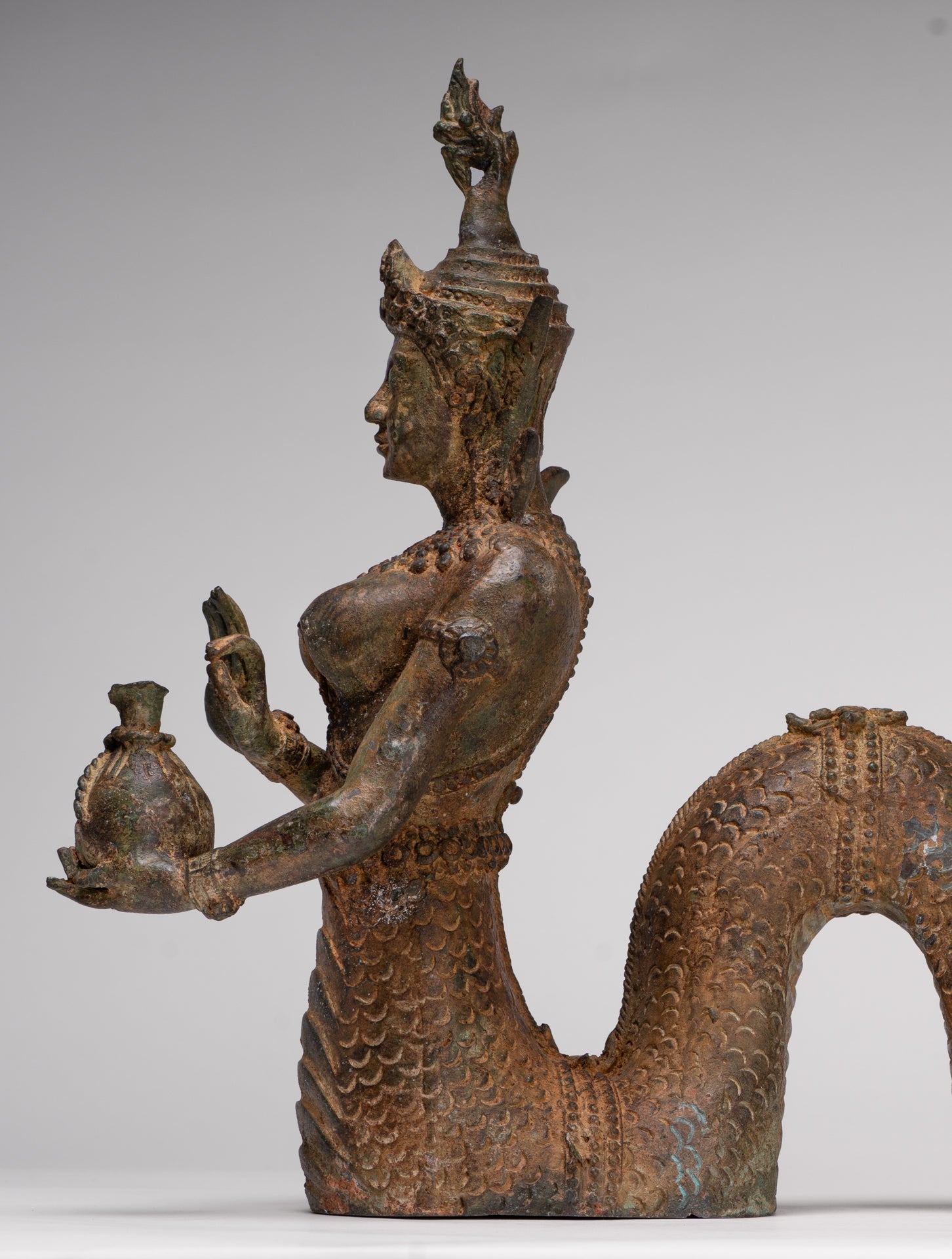 Naga Statue - Antique Thai Style Bronze Female Deity with Naga Tail Statue - 41cm/16"