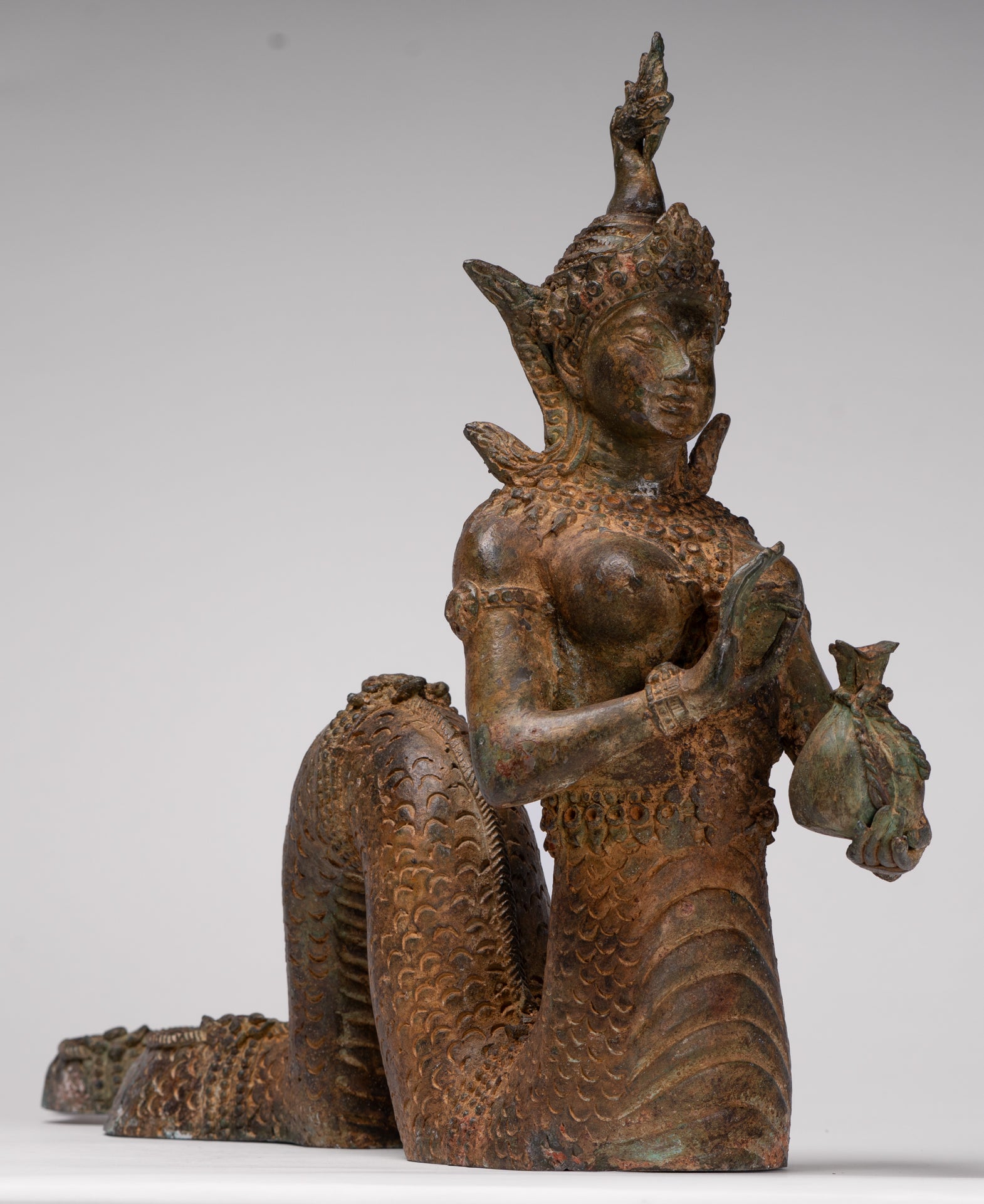 Naga Statue - Antique Thai Style Bronze Female Deity with Naga Tail Statue - 41cm/16"