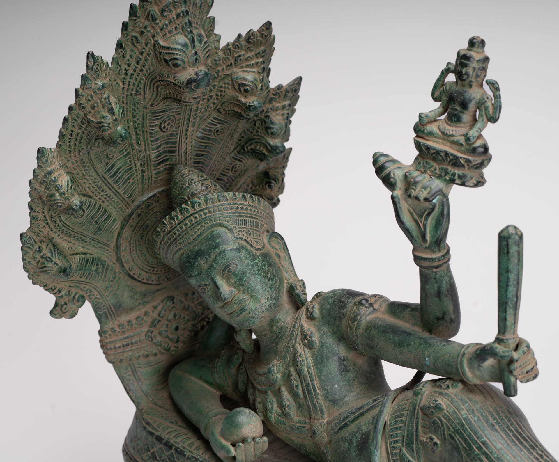 Antique Khmer Style Angkor Wat Bronze Reclining Vishnu Statue - 52cm/21" Long