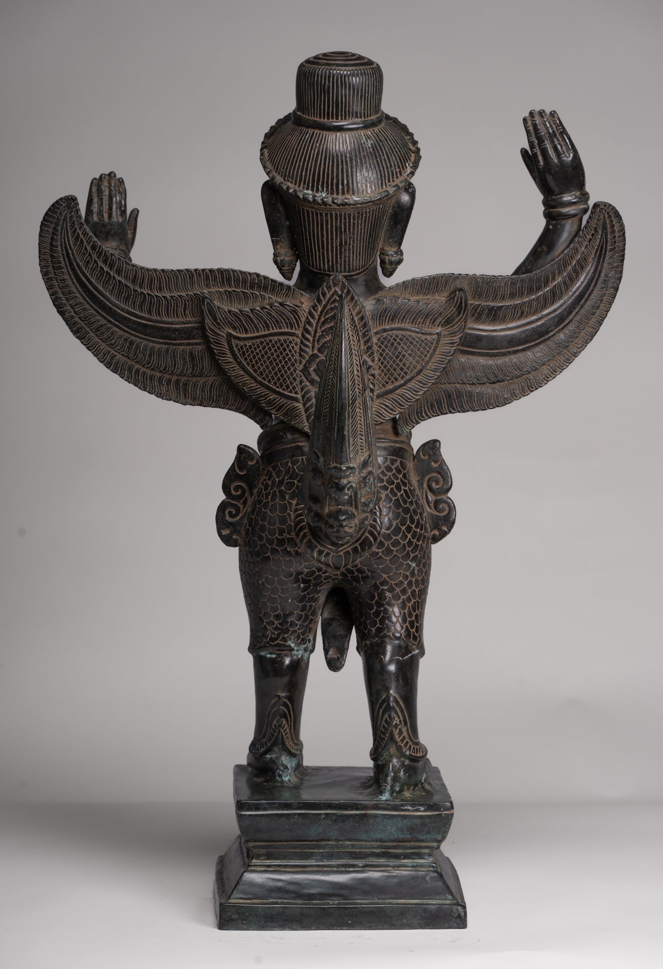 Antique Banteay Srei Style Seated Bronze Khmer Vishnu Garuda Statue - 71cm/28"